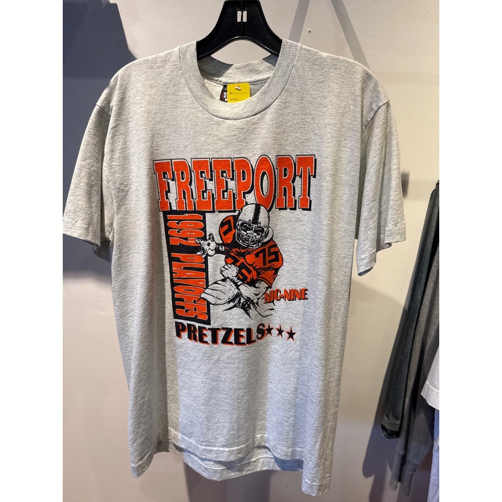 Vintage‎ 1992 Freeport Pretzels Football Playoffs T-Shirt Grey Signal Sport XL